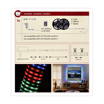 Paulmann 70514 - Ruban LED RGB à intensité variable SIMPLED 7,5m 230V + Télécommande