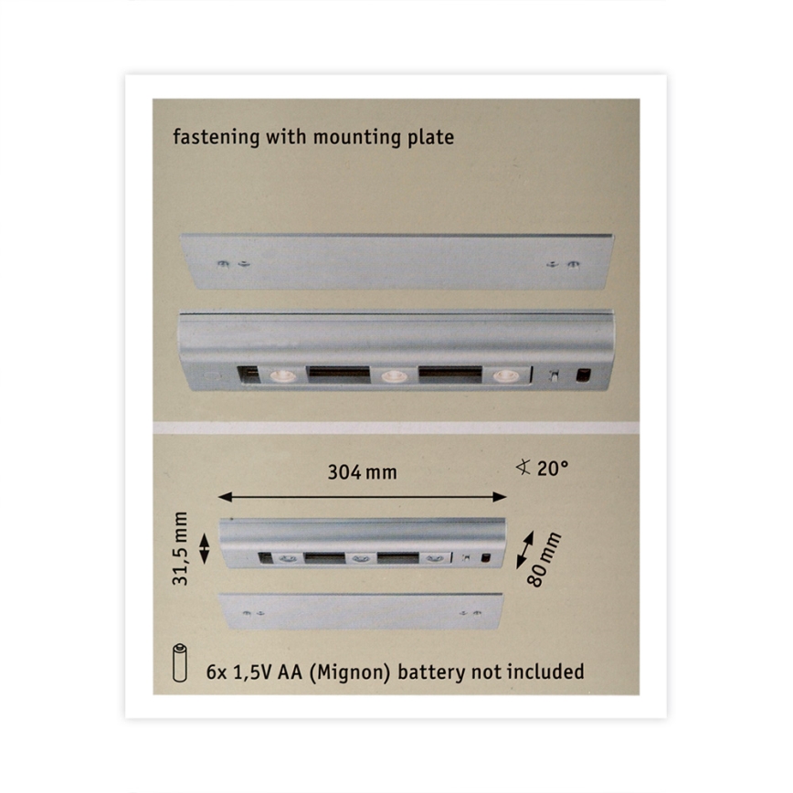 Paulmann 70640 - 3x Luminaire à intensité variable pour armoire LED/0,5W/ SLIDE 6xAA