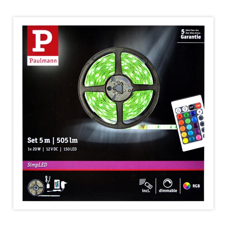 Paulmann 78978 - Bande LED RGB/20W à intensité variable SIMPLED 5m 230V +  Télécommande