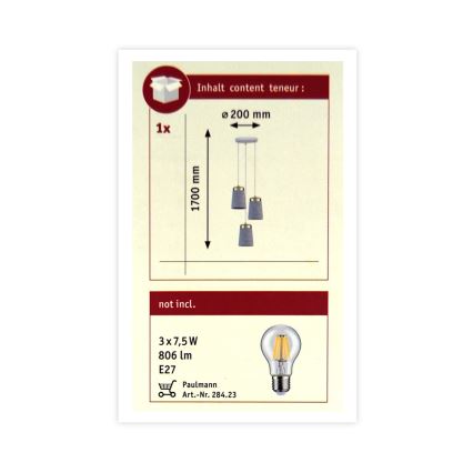 Paulmann 79627 - Hanglamp aan koord NORELL 3xE27/20W/230V