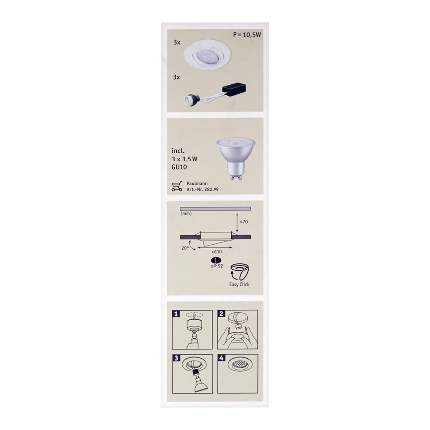 Paulmann 92027 - PACK 3x Luminaire LED encastrable QUALITY LINE 3xGU10-LED/3,5W