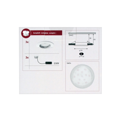 Paulmann 92823 - LOT 3x Spot encastrable LED salle de bain COIN
