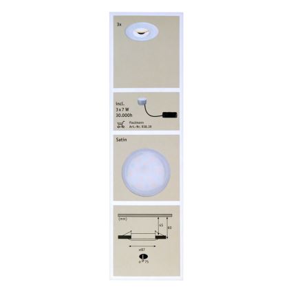 Paulmann 92847 - LOT 3x Spot encastrable LED salle de bain à intensité variable COIN 3xLED/7W/230V IP65