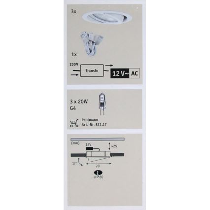 Paulmann 93523 - SET 3x inbouwspot MICRO G4/20W/230V/12V