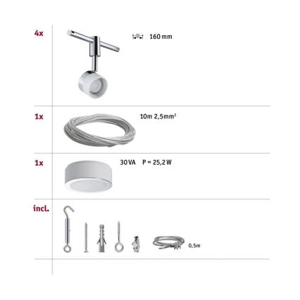 Paulmann 94080 - SET van 4xLED/4,8W compleet kabelsysteem STAGE 230V glanzend chroom