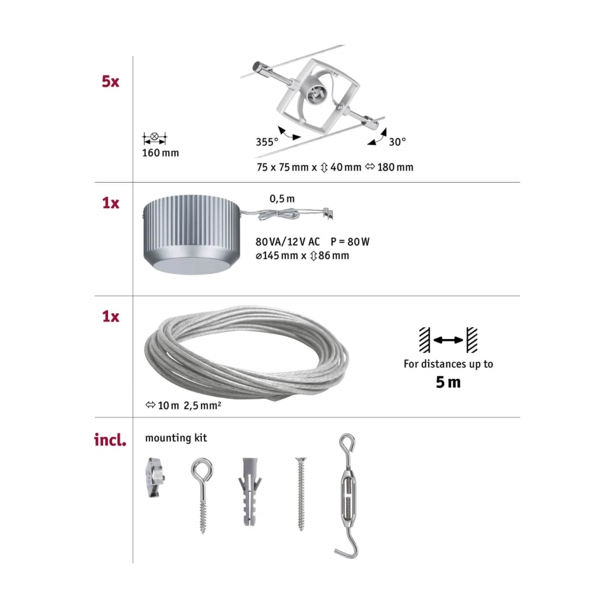 Paulmann 94133 - Set van 5x GU5,3/10W compleet staalkabelsysteem MAC 230V mat chroom
