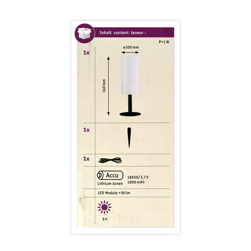 Paulmann 94221 - LED/1W IP44 Staande Lamp voor buiten, Dimbaar, Draagbaar PIPE 5V