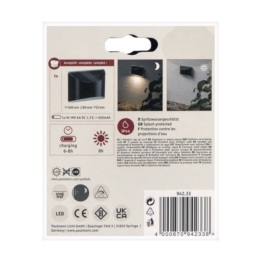 Paulmann 94233 - LED/0,05W IP44 Solar wand lamp ELLIOT 1,2V 400 mAh