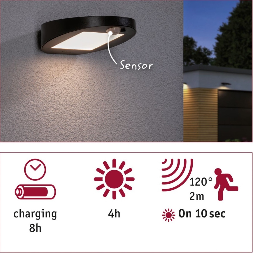 Paulmann 94246 - LED/1,2W IP44 Éclairage solaire extérieur avec détecteur RYSE 3,7V 1800 mAh