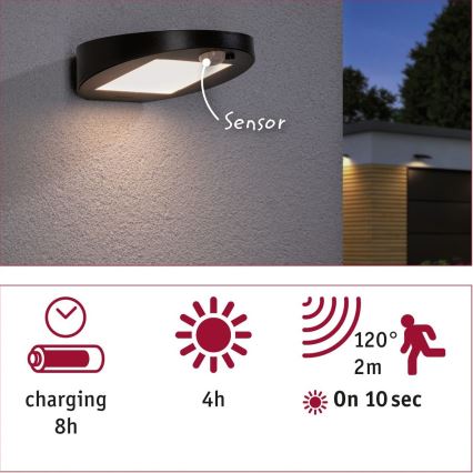 Paulmann 94246 - LED/1,2W IP44 Solarlamp voor buiten met sensor RYSE 3,7V 1800 mAh