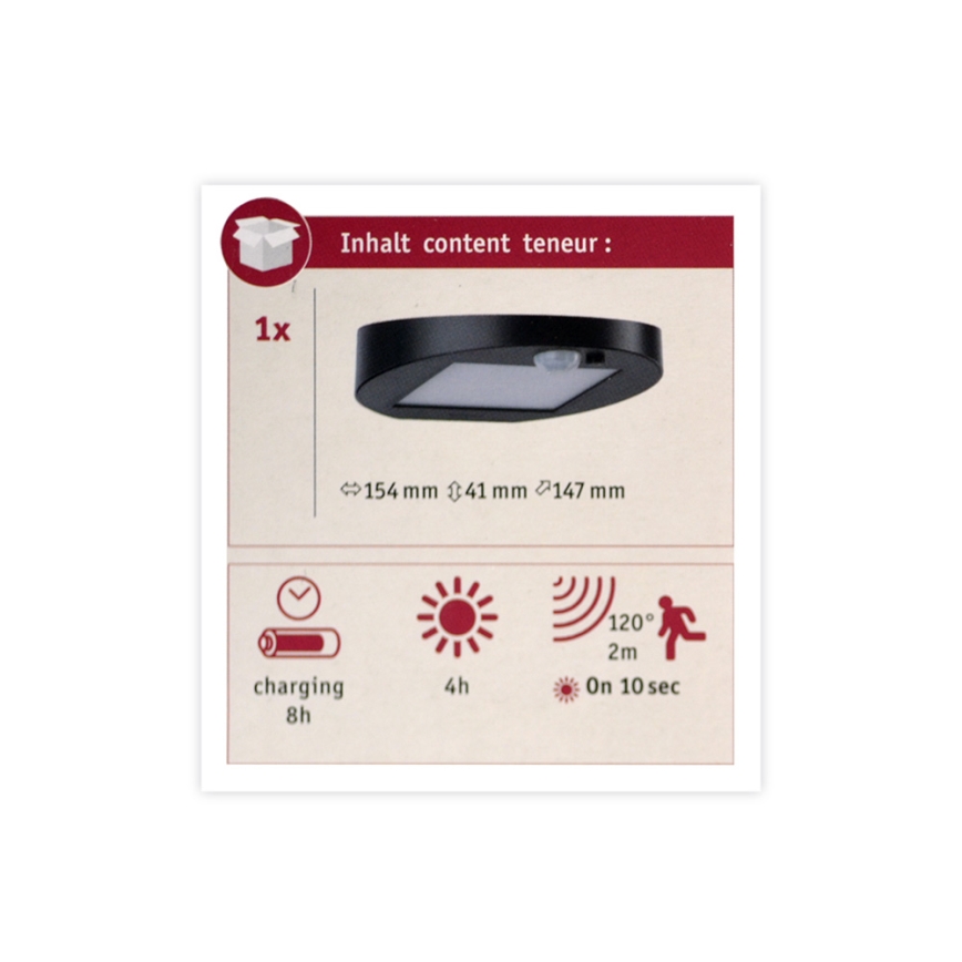 Paulmann 94246 - LED/1,2W IP44 Solarlamp voor buiten met sensor RYSE 3,7V 1800 mAh