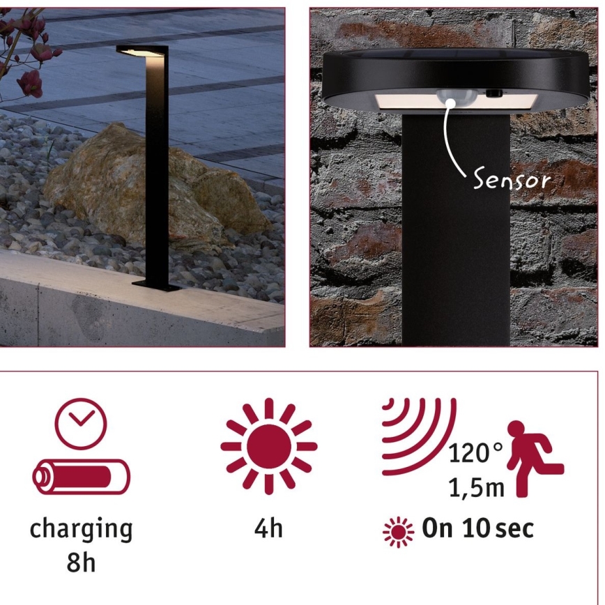 Paulmann 94249 - LED/1,2W IP44 Buiten zonne- lamp met sensor RYSE 3,7V 1800 mAh