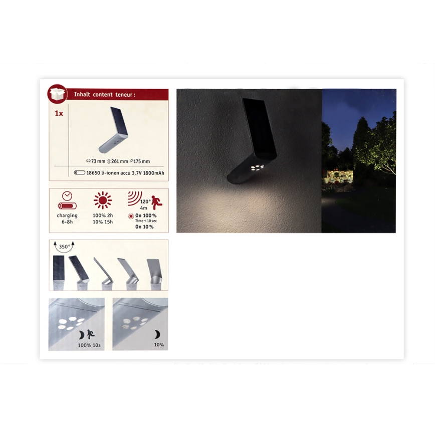 Paulmann 94261 - LED/1,2W IP44 Solar wandlamp met sensor ILIAS 3,7V 1800 mAh