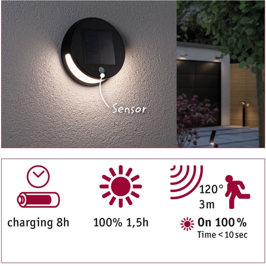 Paulmann 94265 - LED/3W IP44 Solarlamp voor buiten met sensor HELENA 3,7V 1800 mAh