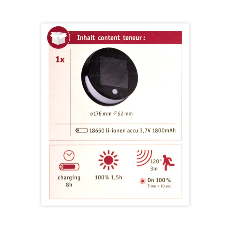 Paulmann 94265 - LED/3W IP44 Solarlamp voor buiten met sensor HELENA 3,7V 1800 mAh
