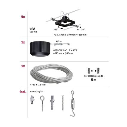 Paulmann 94290 - SET van 5x GU5,3/10W Spotverlichting voor kabelsysteem MAC 230V zwart