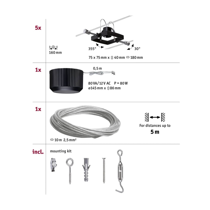 Paulmann 94290 - SET van 5x GU5,3/10W Spotverlichting voor kabelsysteem MAC 230V zwart
