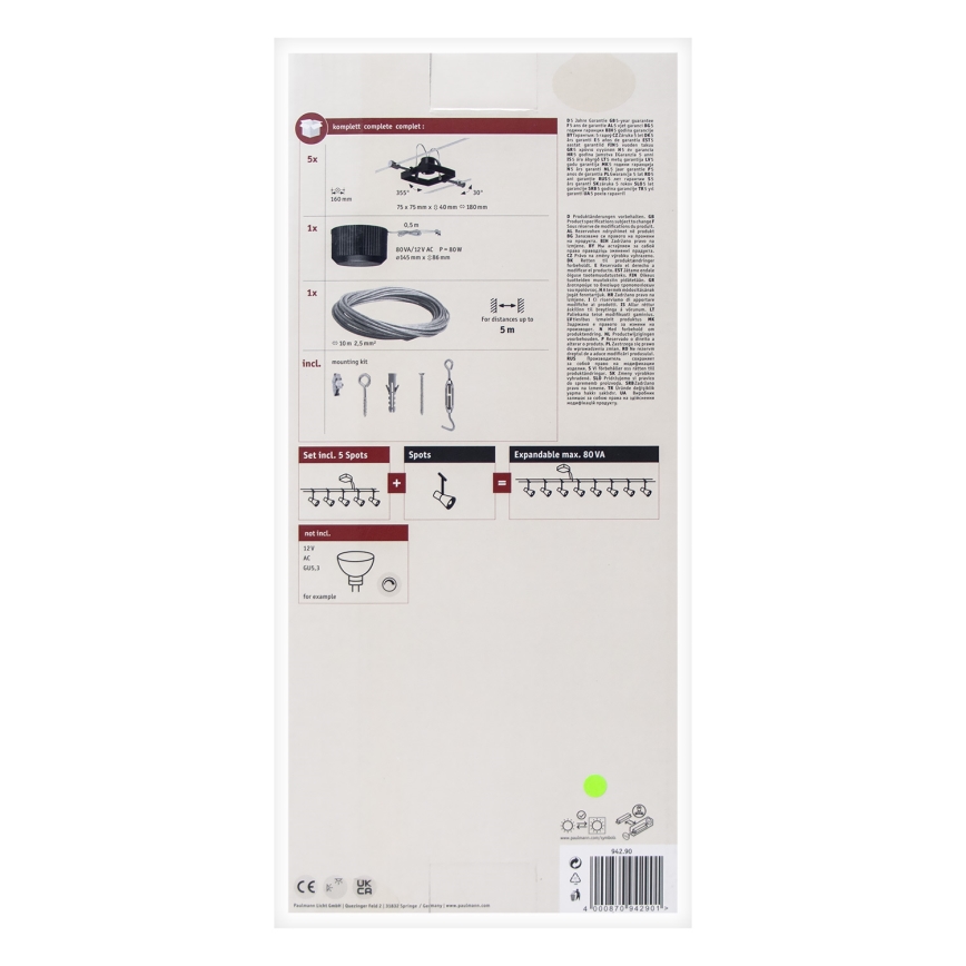 Paulmann 94290 - SET van 5x GU5,3/10W Spotverlichting voor kabelsysteem MAC 230V zwart