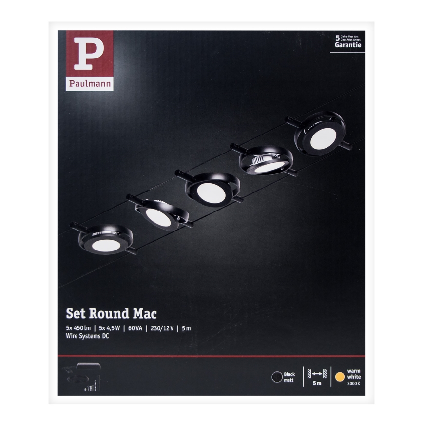 Paulmann 94418 - SET 5xLED/4,5W Compleet kabelsysteem ROUNDMAC 230V zwart