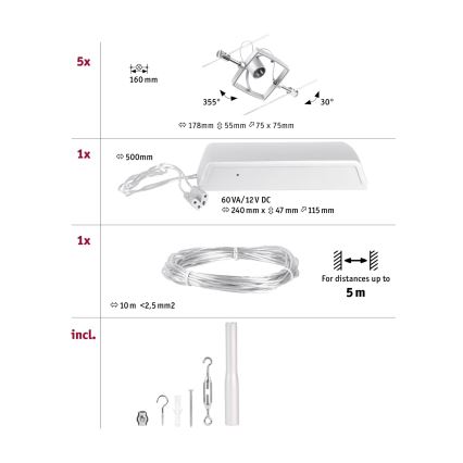 Paulmann 94430 - SET van 5x GU5,3/10W Spotverlichting voor kabelsysteem MAC 230V mat chroom