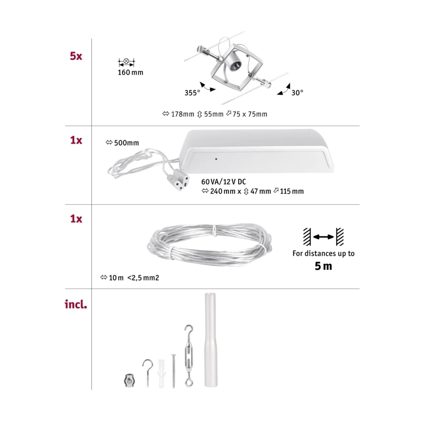 Paulmann 94430 - SET van 5x GU5,3/10W Spotverlichting voor kabelsysteem MAC 230V mat chroom