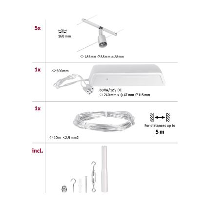 Paulmann 94442 - Kit 5x GU5,3/10W — système complet sur câble SALT 230V, chrome mat