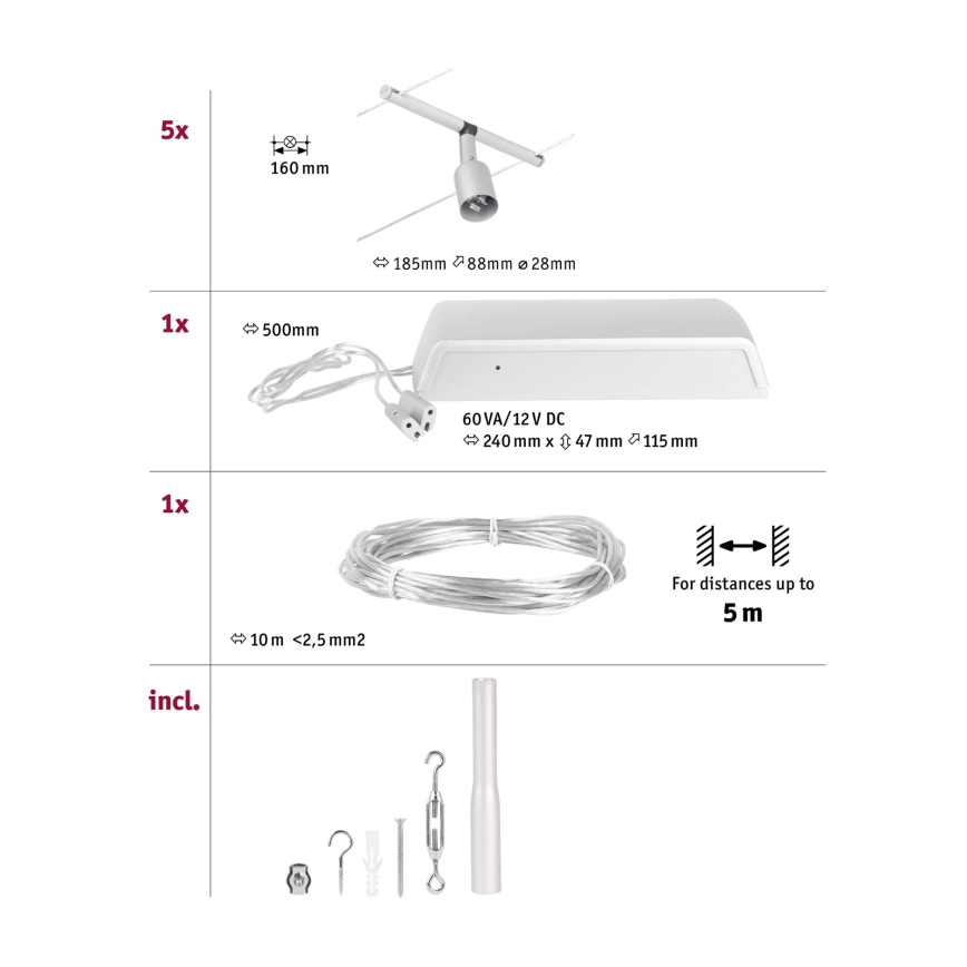 Paulmann 94442 - SET 5xGU5,3/10W Compleet kabelsysteem SALT 230V mat chroom
