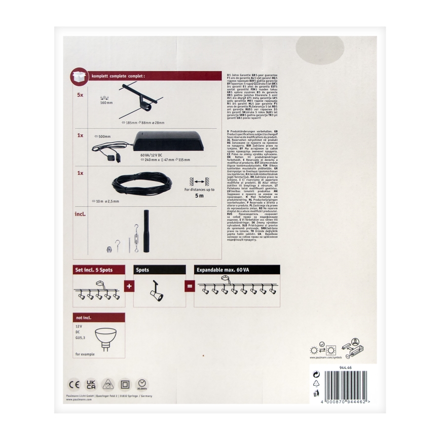Paulmann 94446 - Kit 5xGU5,3/10W, système complet sur câble SALT 230V, noir