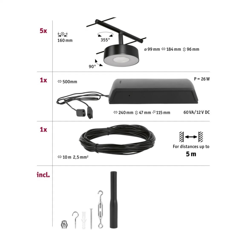 Paulmann 94479 - Kit complet 5x LED/5W, système sur câble CIRCLE 230V, noir