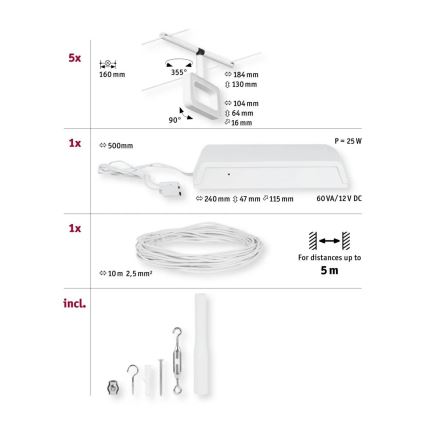 Paulmann 94483 - SET 5x LED/4,8W compleet kabelsysteem FRAME 230V wit