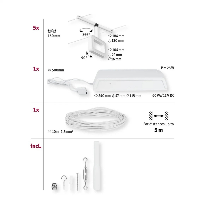 Paulmann 94483 - SET 5x LED/4,8W compleet kabelsysteem FRAME 230V wit