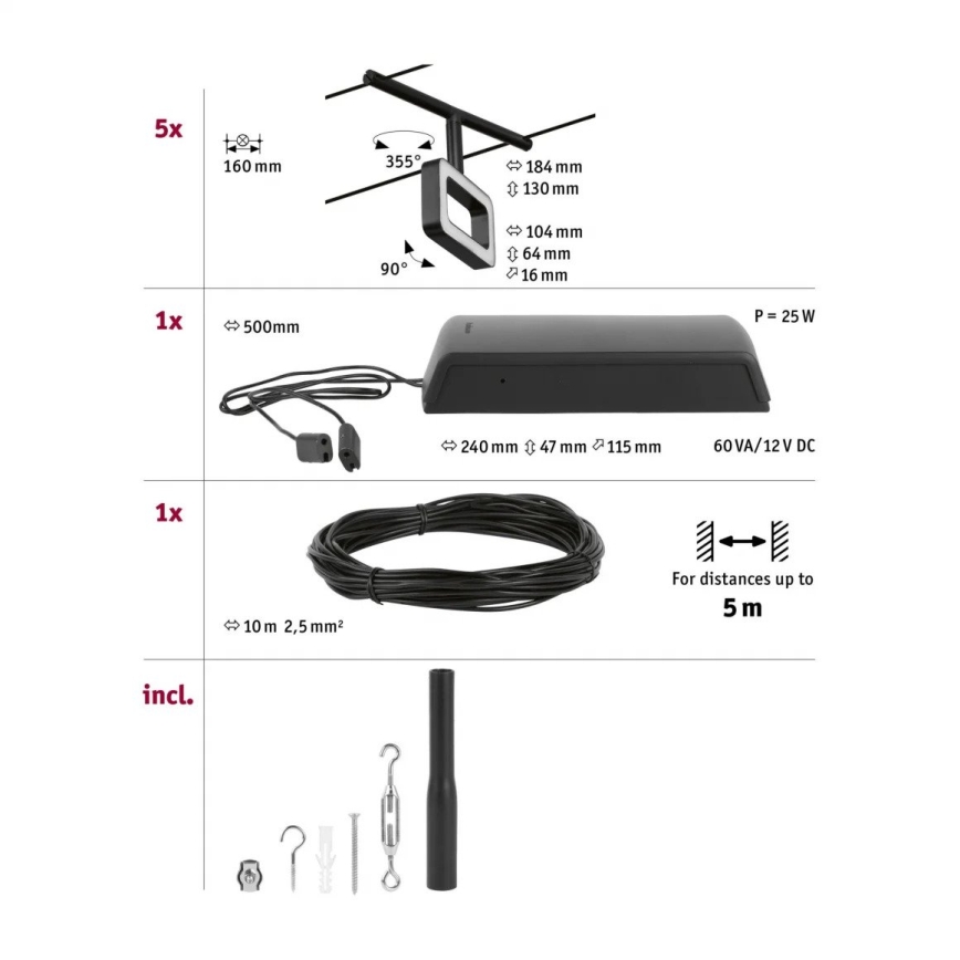 Paulmann 94485 - ENSEMBLE 5xLED/4,8W Système complet sur câble FRAME 230V noir