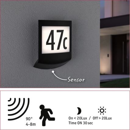 Paulmann 94513 - LED RGBW/8,2W IP44 Applique pour numéro de maison à intensité réglable avec détecteur de mouvement et détecteur crépusculaire PADEA 230V anthracite