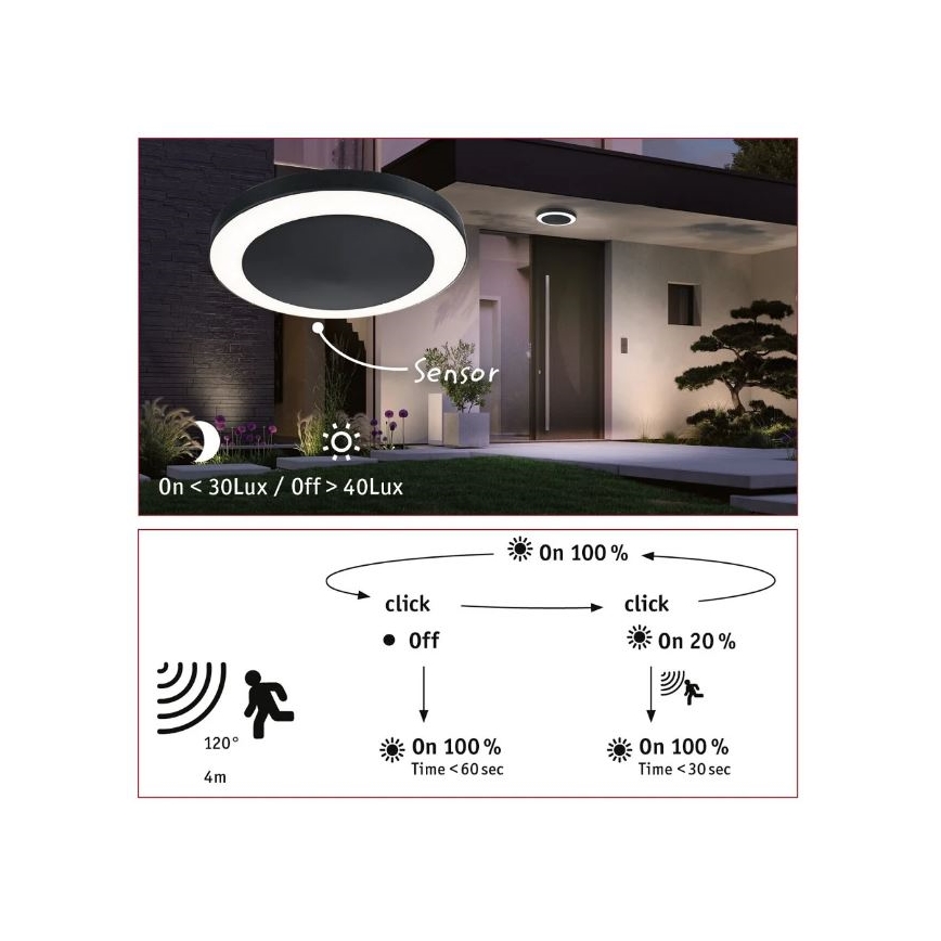 Paulmann 94526 - LED/14W IP44 Plafonnier d'extérieur avec détecteur CIRCULA 230V