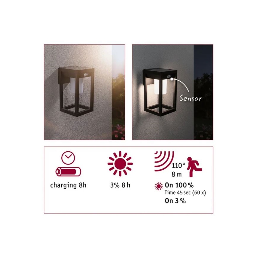 Paulmann 94572 -LED/5,5W IP44 Applique murale solaire avec détecteur MARISOL 3,7V 2000 mAh