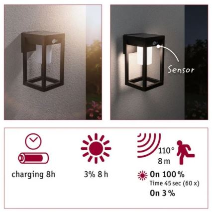 Paulmann 94572 -LED/5,5W IP44 Solar wandlamp met sensor MARISOL 3,7V 2000 mAh