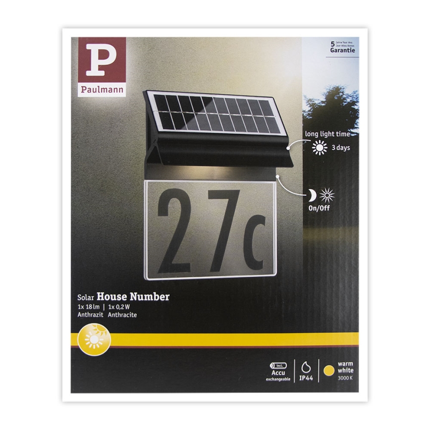 Paulmann 94694 - LED/0,2W IP44 Numéro de maison solaire NEDA 3,7V 1800 mAh