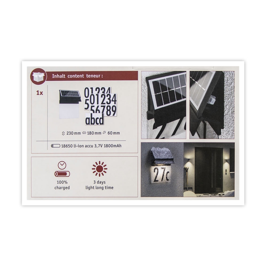 Paulmann 94694 - LED/0,2W IP44 Numéro de maison solaire NEDA 3,7V 1800 mAh