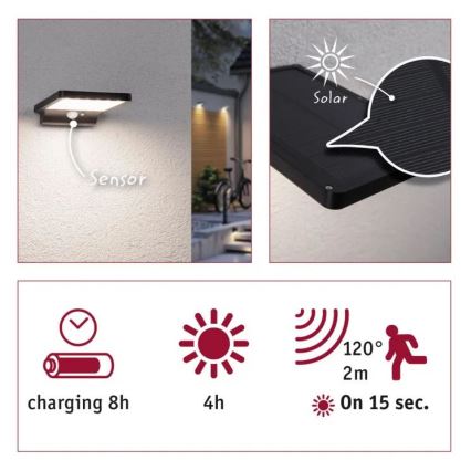 Paulmann 95393 - LED/4W IP44 Dimbare solar wandlamp met sensor SOLVEIG 3,7V 2000 mAh