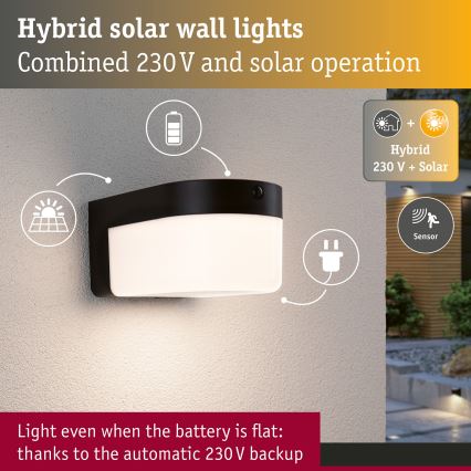 Paulmann 95747 - LED/2,3W IP44 Applique murale solaire avec capteur CALYNE 3,7/230V 4000 mAh noire