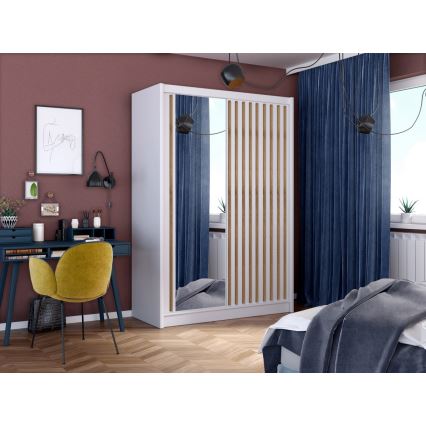 Penderie avec miroir SANTINO 150x215 cm blanc/chêne craft