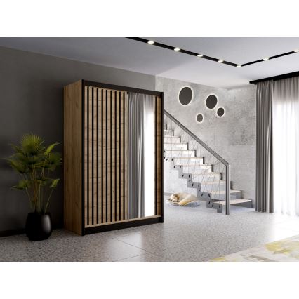 Penderie avec miroir SANTINO 150x215 cm chêne craft/noir