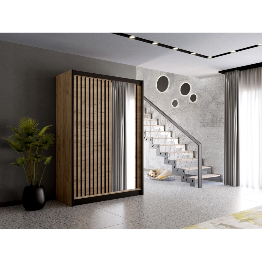 Penderie avec miroir SANTINO 150x215 cm chêne craft/noir