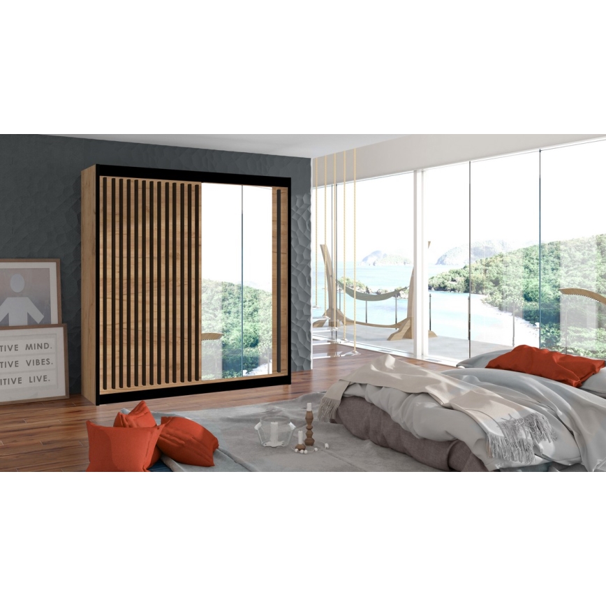 Penderie avec miroir SANTINO 203x215 cm chêne craft/noir
