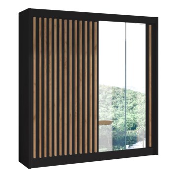 Penderie avec miroir SANTINO 203x215 cm noir/chêne craft