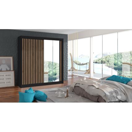 Penderie avec miroir SANTINO 203x215 cm noir/chêne craft