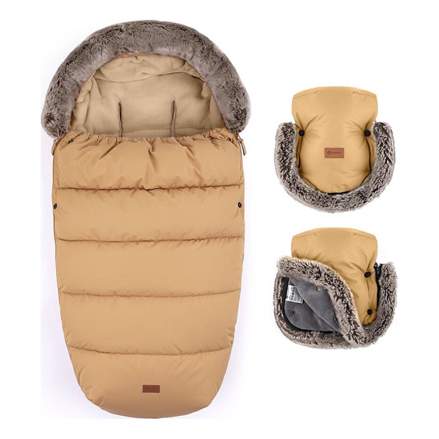 PETITE&MARS - SET Baby voetenzak 4in1 COMFY + stroller hand muffs FURRY Elegant Caramel