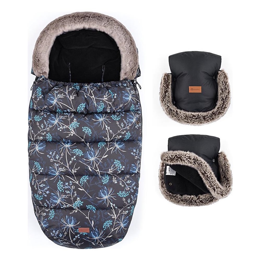 PETITE&MARS - SET Baby voetenzak 4in1 COMFY Stylish Beauty + stroller hand muffs FURRY Forever Black