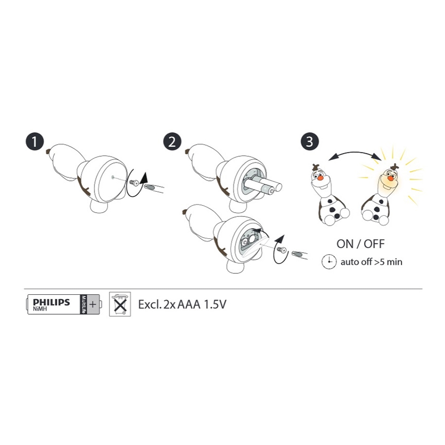 Philips 71768/08/16 - LED Kinderlamp DISNEY FROZEN OLAF LED/0,3W/2xAAA sneeuwman