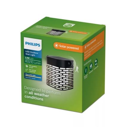 Philips - Applique murale solaire HARA LED avec détecteur, 3,8W/3,7V 800 mAh 2700K IP44, noire